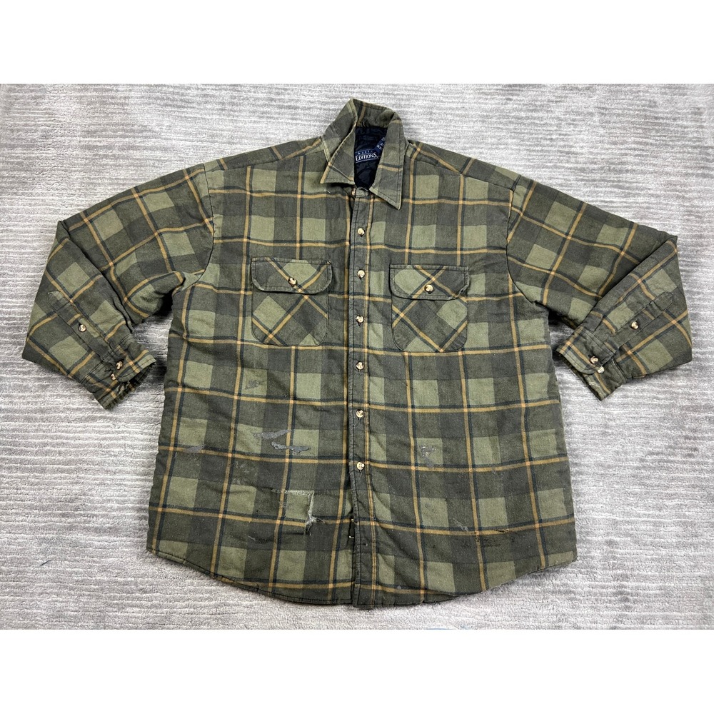 Basic Editions Flannel Jacket Mens XL Green Plaid Quilted Distressed Workwear